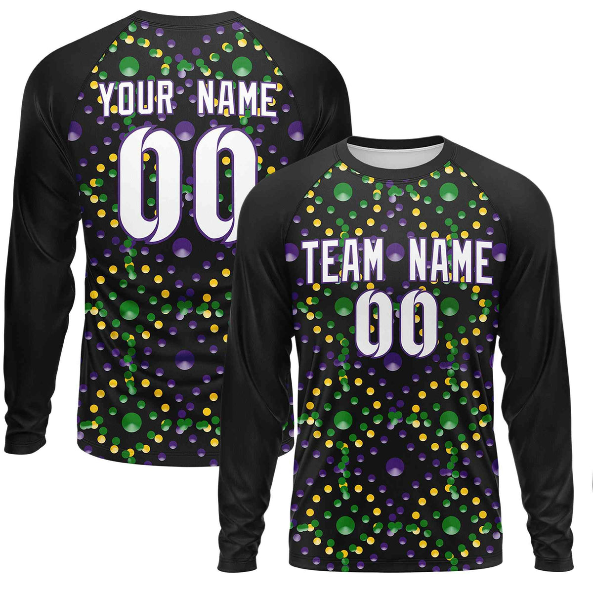 Custom Black Purple Crew Neck Personalized Mardi Gras Long Sleeve Performance T-shirt | KXKSHOP