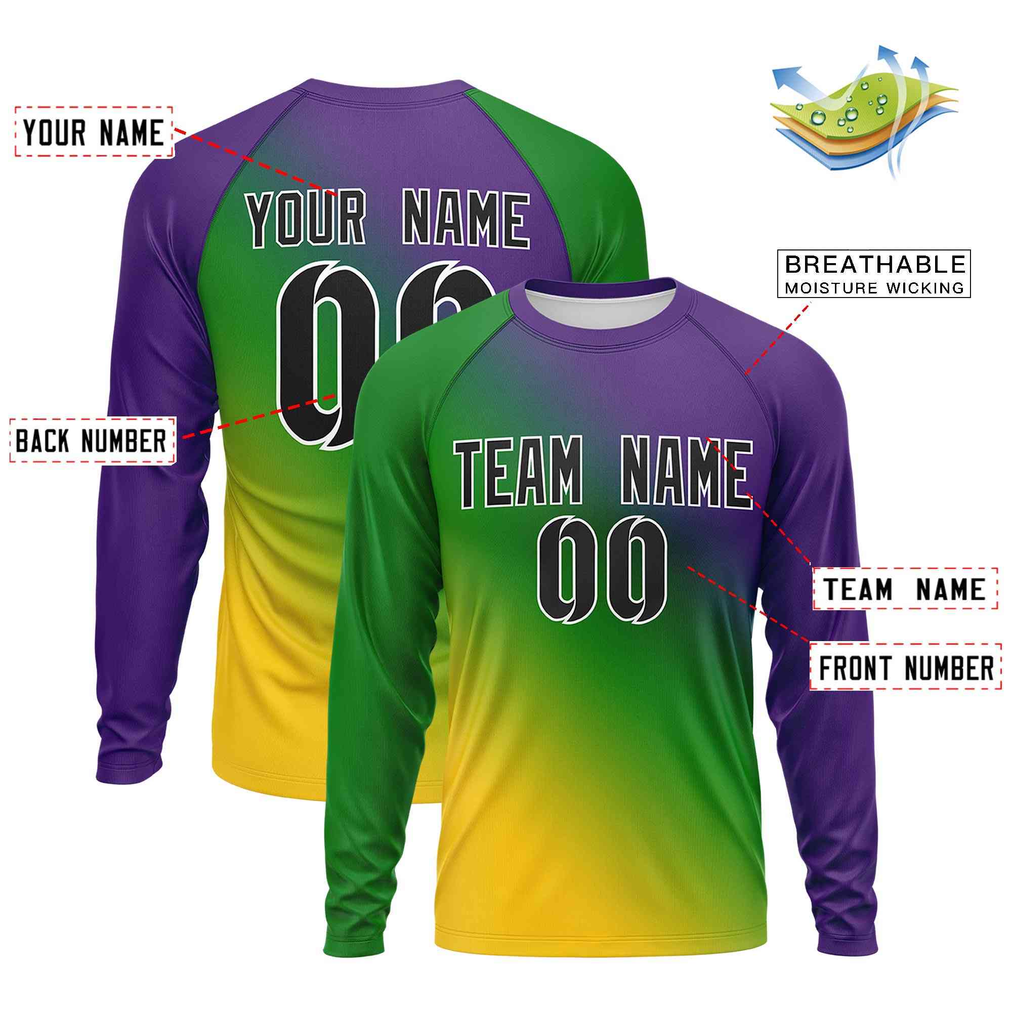 Custom Purple Kelly Green Crew Neck Personalized Mardi Gras Long Sleeve Performance T-shirt | KXKSHOP