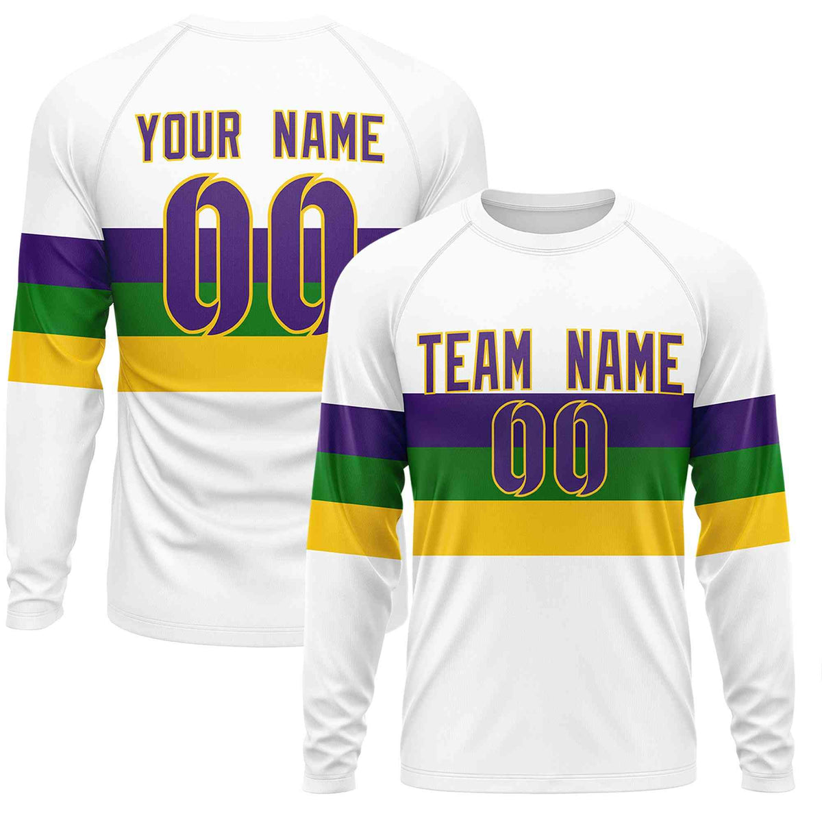 Custom White Purple Crew Neck Personalized Mardi Gras Long Sleeve Performance T-shirt | KXKSHOP