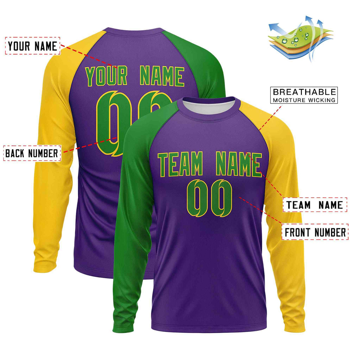 Custom Purple Kelly Green Crew Neck Personalized Mardi Gras Long Sleeve Performance T-shirt | KXKSHOP