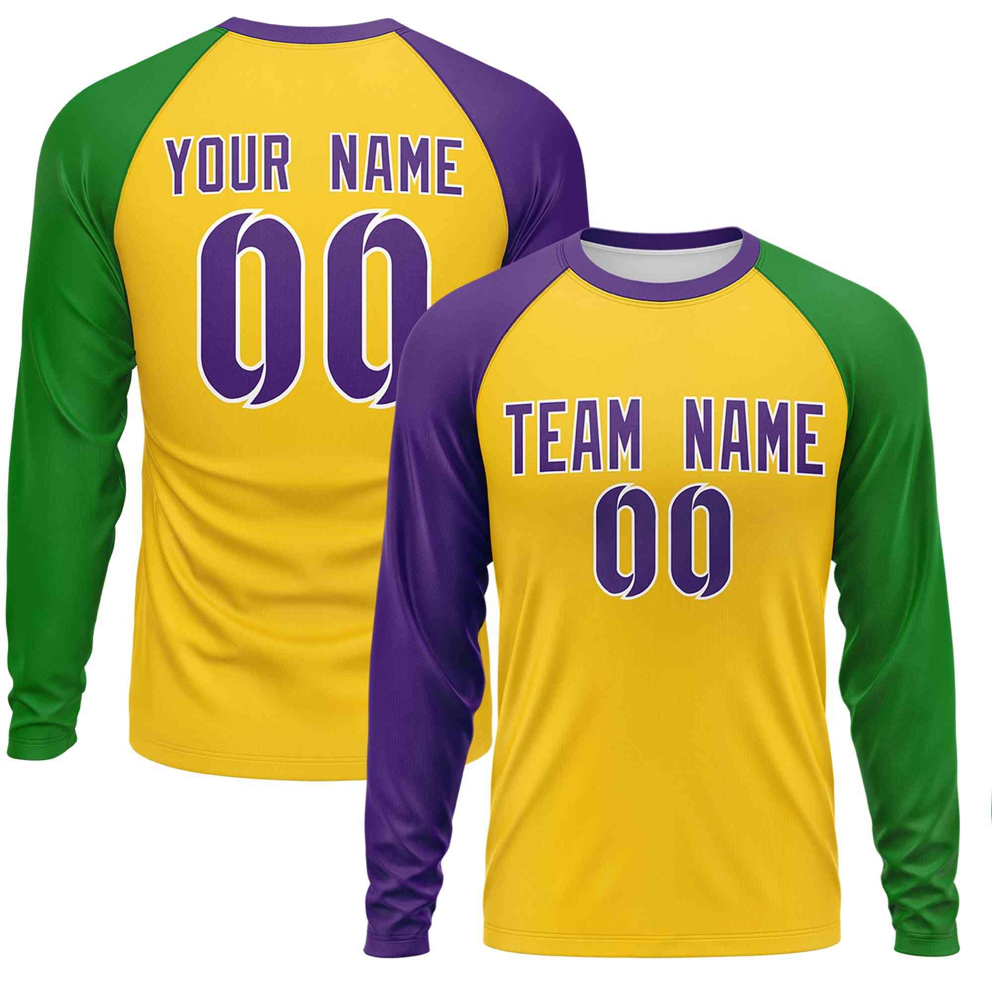 Custom Gold Purple Crew Neck Personalized Mardi Gras Long Sleeve Performance T-shirt | KXKSHOP