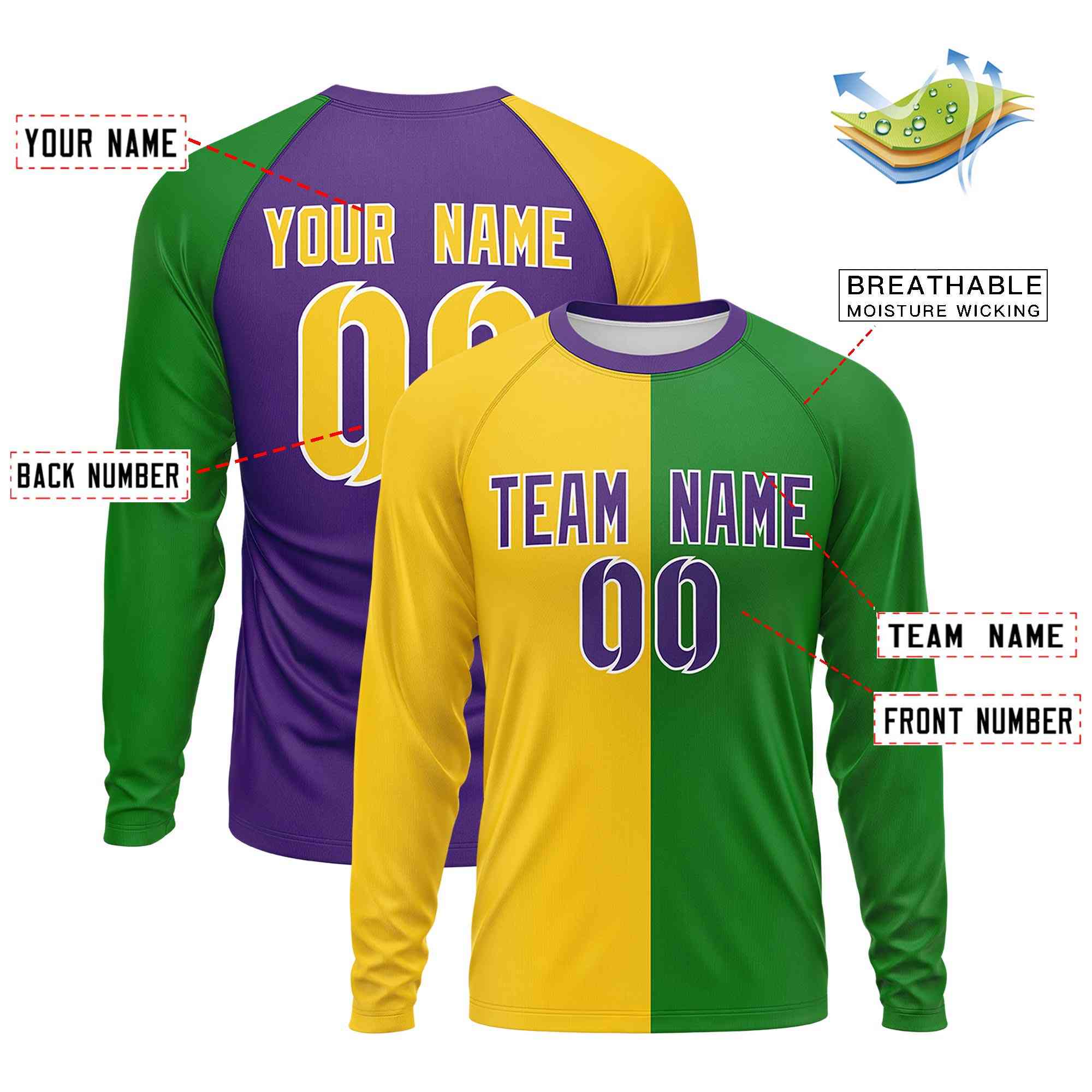 Custom Gold Kelly Green Crew Neck Personalized Mardi Gras Long Sleeve Performance T-shirt | KXKSHOP