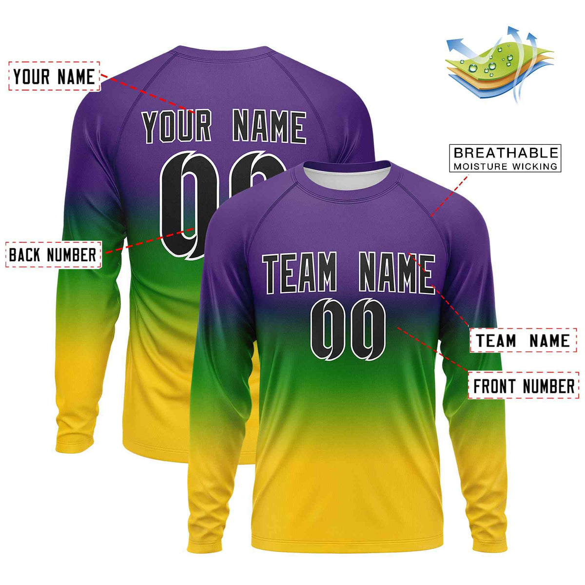Custom Purple Kelly Green Crew Neck Personalized Mardi Gras Long Sleeve Performance T-shirt | KXKSHOP