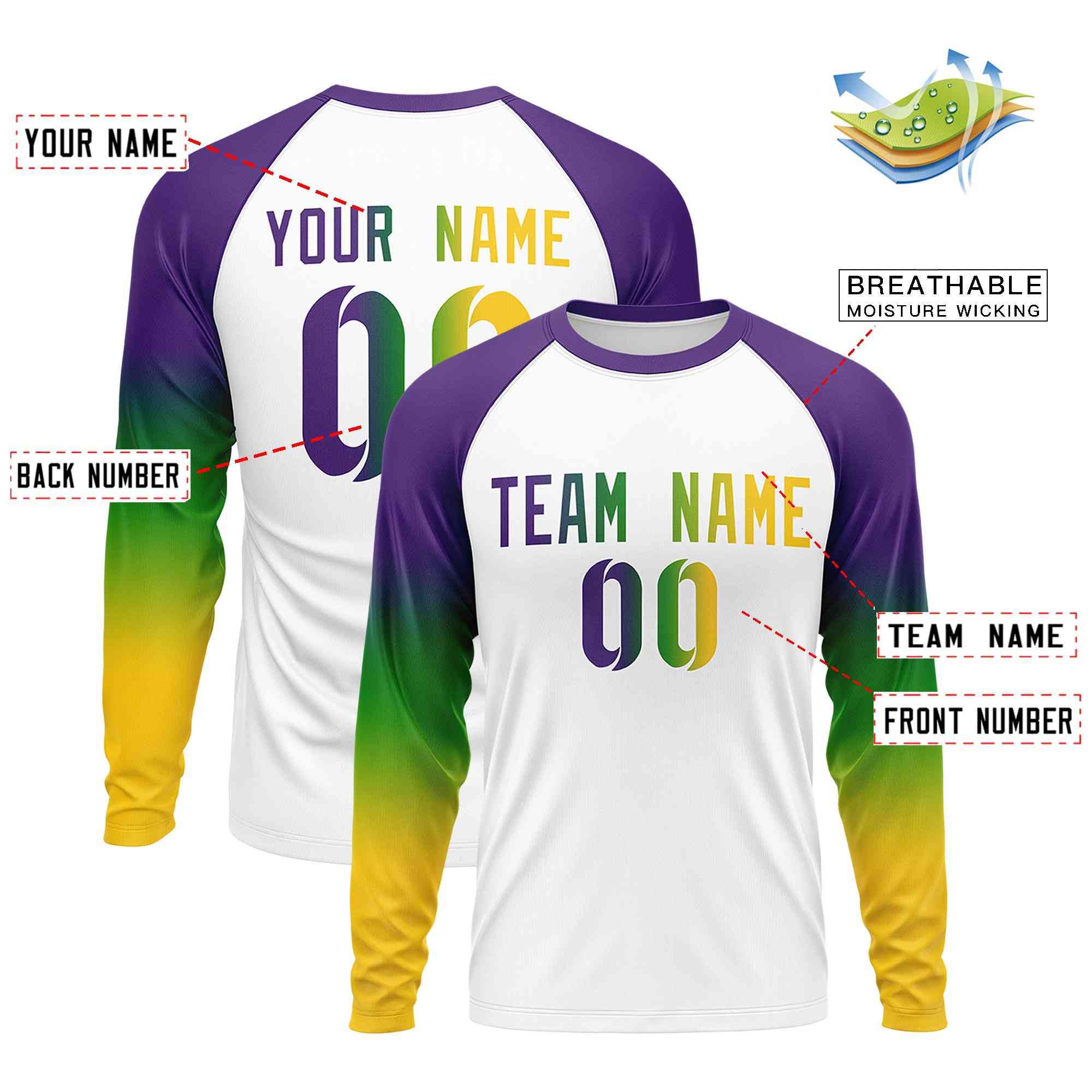 Custom White Purple Crew Neck Personalized Mardi Gras Long Sleeve Performance T-shirt | KXKSHOP