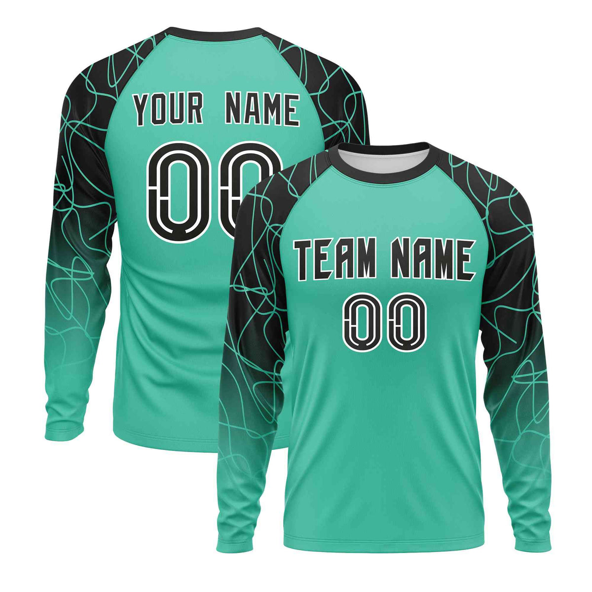 Custom Bright Green Black Tangled Lines Pattern Raglan Long Sleeve Performance T-Shirt