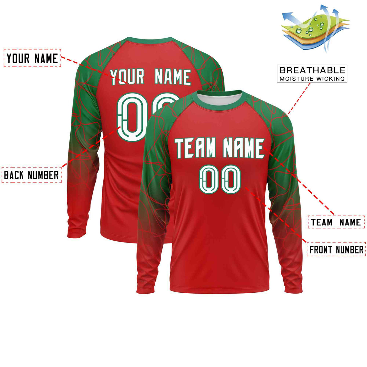 Custom Red Kelly Green Tangled Lines Pattern Raglan Long Sleeve Performance T-Shirt