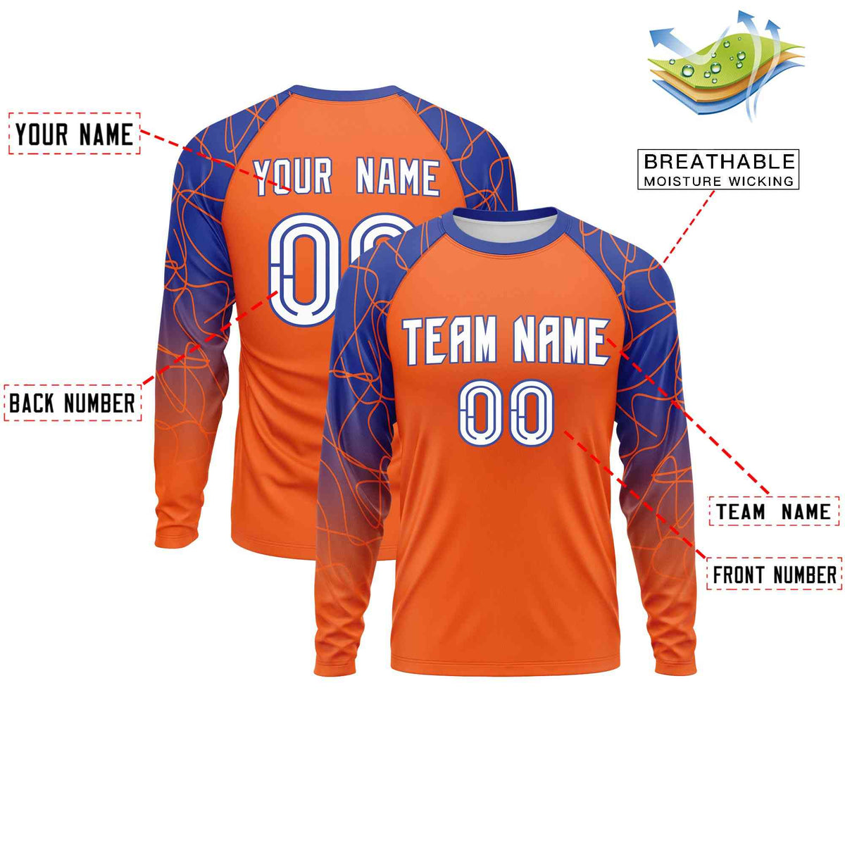 Custom Orange Royal Blue Tangled Lines Pattern Raglan Long Sleeve Performance T-Shirt