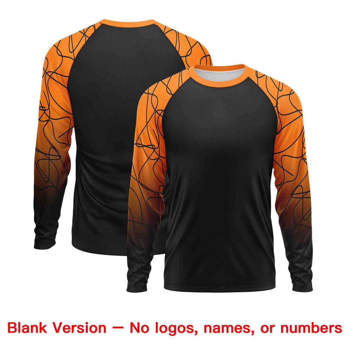 Custom Black Orange Tangled Lines Pattern Raglan Long Sleeve Performance T-Shirt
