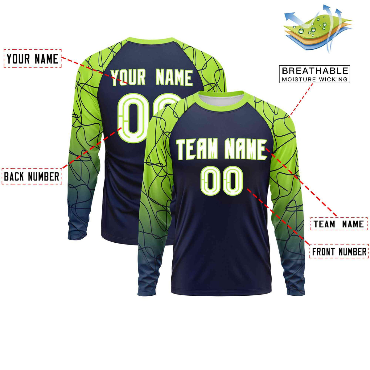 Custom Navy Neon Green Tangled Lines Pattern Raglan Long Sleeve Performance T-Shirt