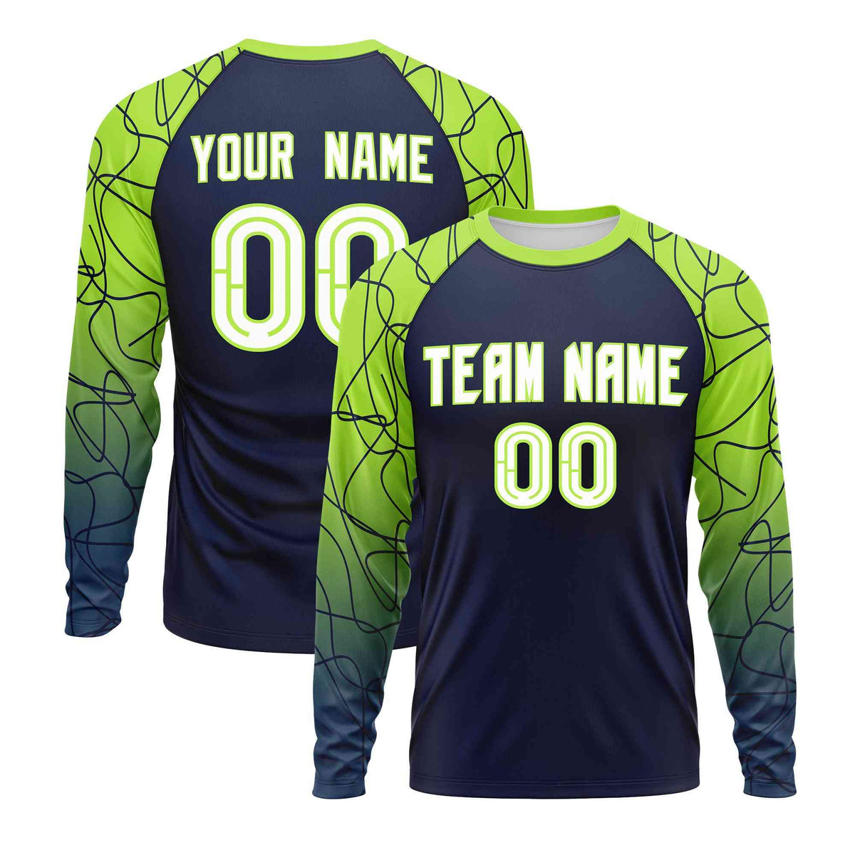 Custom Navy Neon Green Tangled Lines Pattern Raglan Long Sleeve Performance T-Shirt