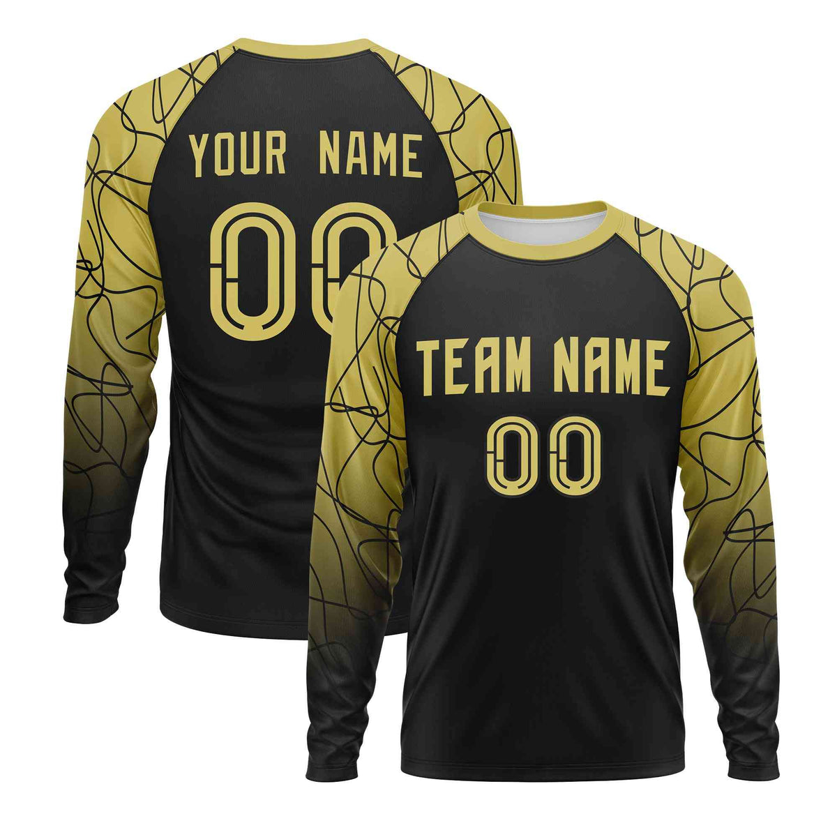 Custom Black Old Gold Tangled Lines Pattern Raglan Long Sleeve Performance T-Shirt
