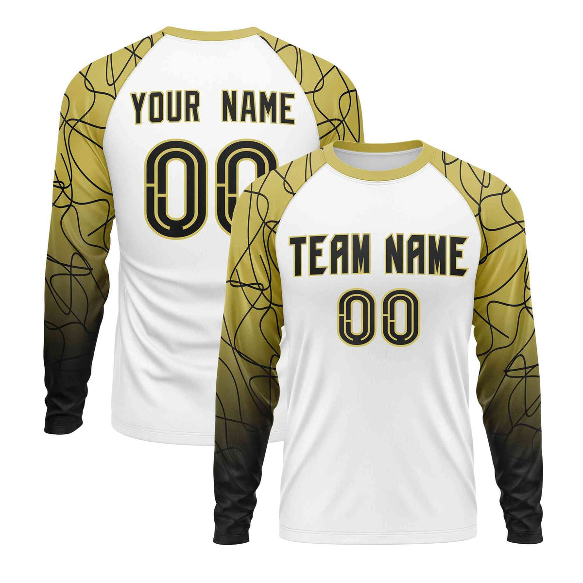 Custom White Old Gold Tangled Lines Pattern Raglan Long Sleeve Performance T-Shirt