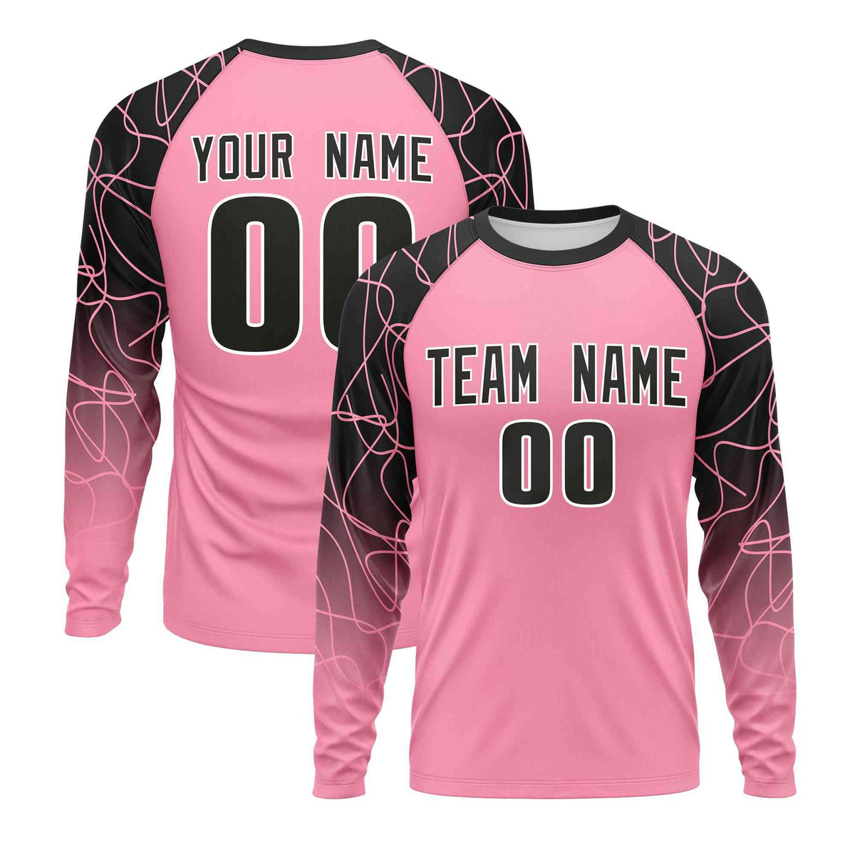 Custom Light Pink Black Tangled Lines Pattern Raglan Long Sleeve Performance T-Shirt| KXKSHOP
