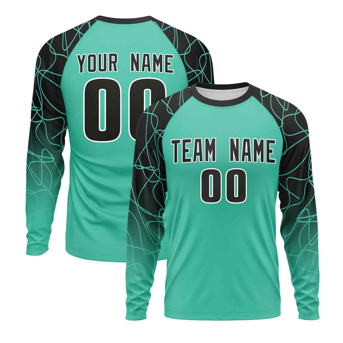 Custom Bright Green Black Tangled Lines Pattern Raglan Long Sleeve Performance T-Shirt| KXKSHOP