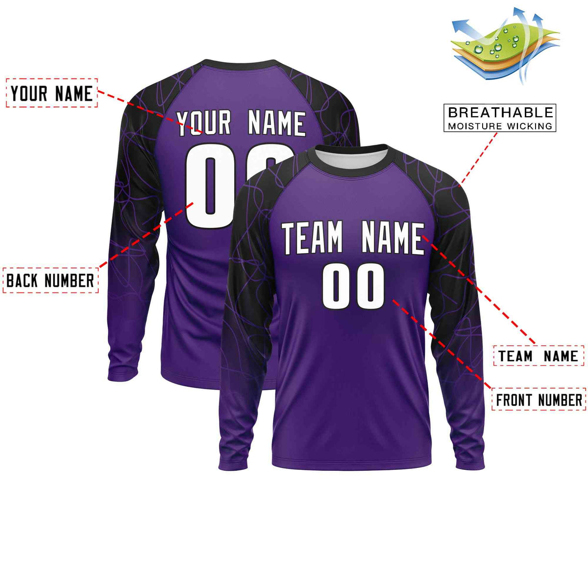 Custom Purple Black Tangled Lines Pattern Raglan Long Sleeve Performance T-Shirt| KXKSHOP