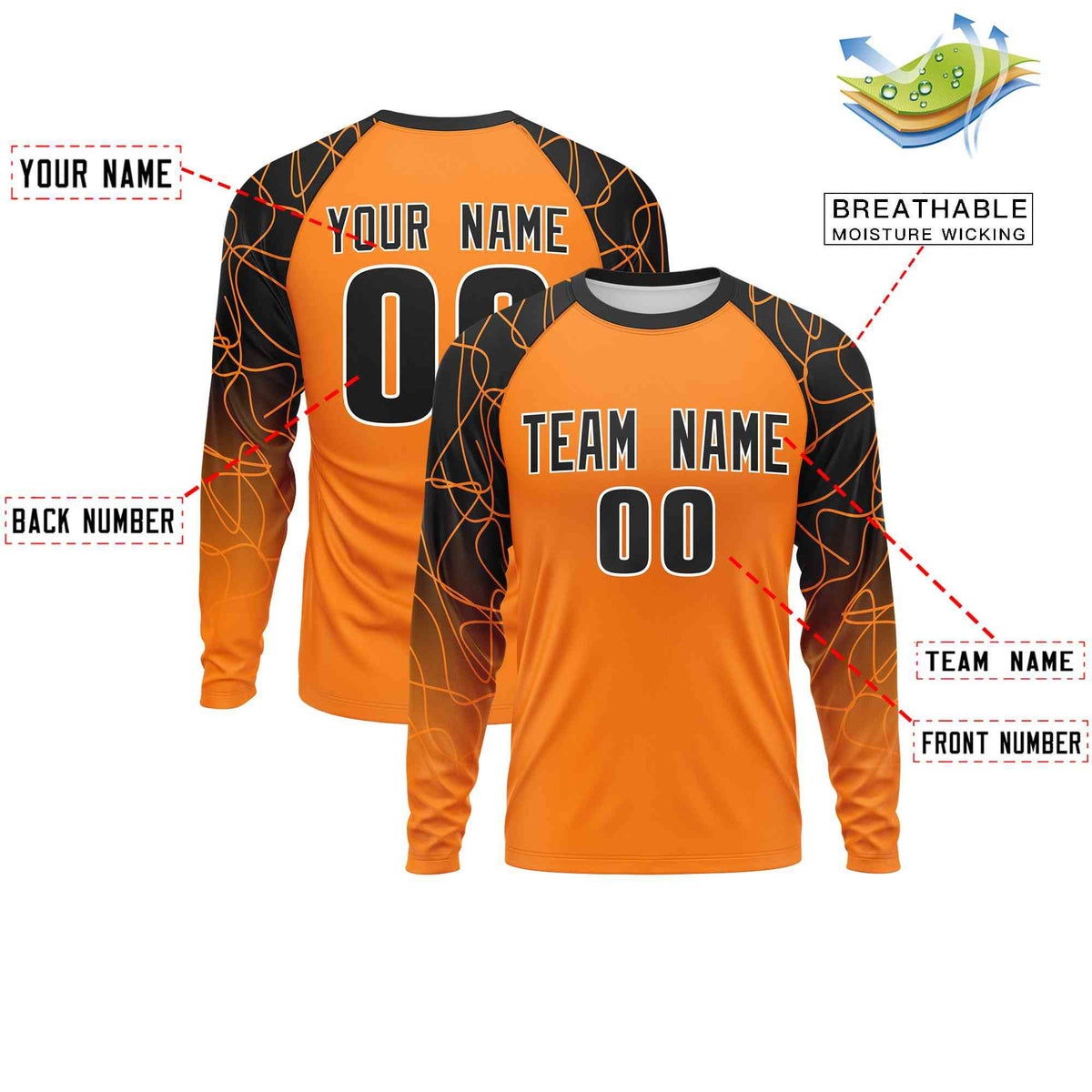 Custom Orange Black Tangled Lines Pattern Raglan Long Sleeve Performance T-Shirt| KXKSHOP