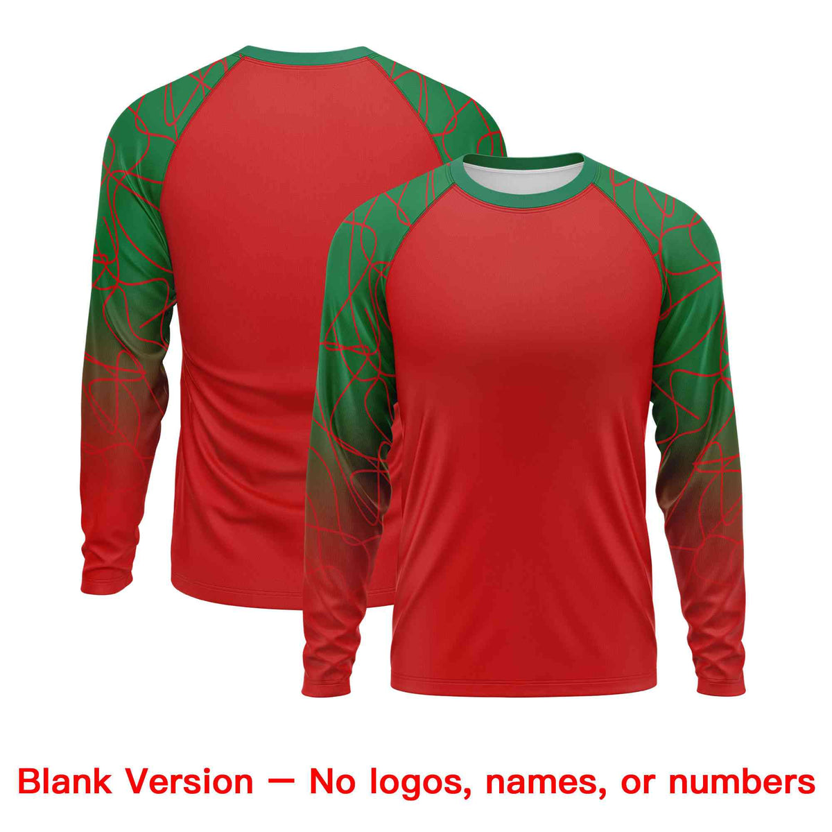 Custom Red Kelly Green Tangled Lines Pattern Raglan Long Sleeve Performance T-Shirt| KXKSHOP