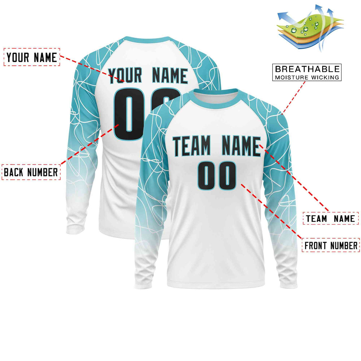 Custom Teal White Tangled Lines Pattern Raglan Long Sleeve Performance T-Shirt| KXKSHOP
