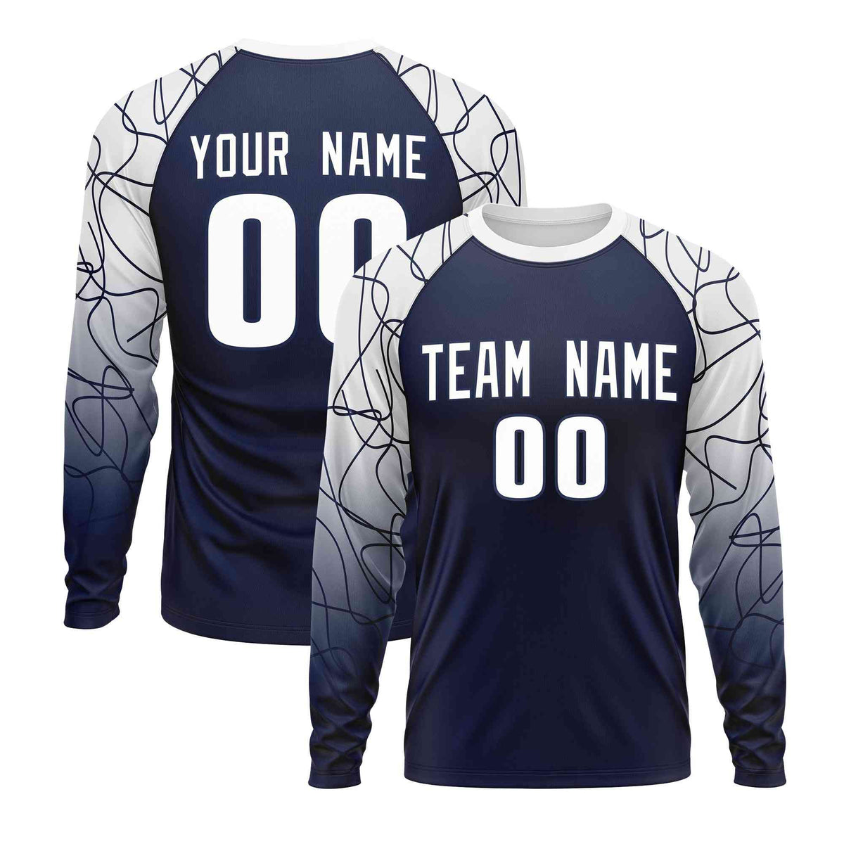 Custom Navy White Tangled Lines Pattern Raglan Long Sleeve Performance T-Shirt| KXKSHOP