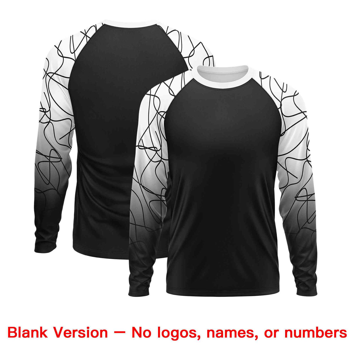Custom Black White Tangled Lines Pattern Raglan Long Sleeve Performance T-Shirt| KXKSHOP