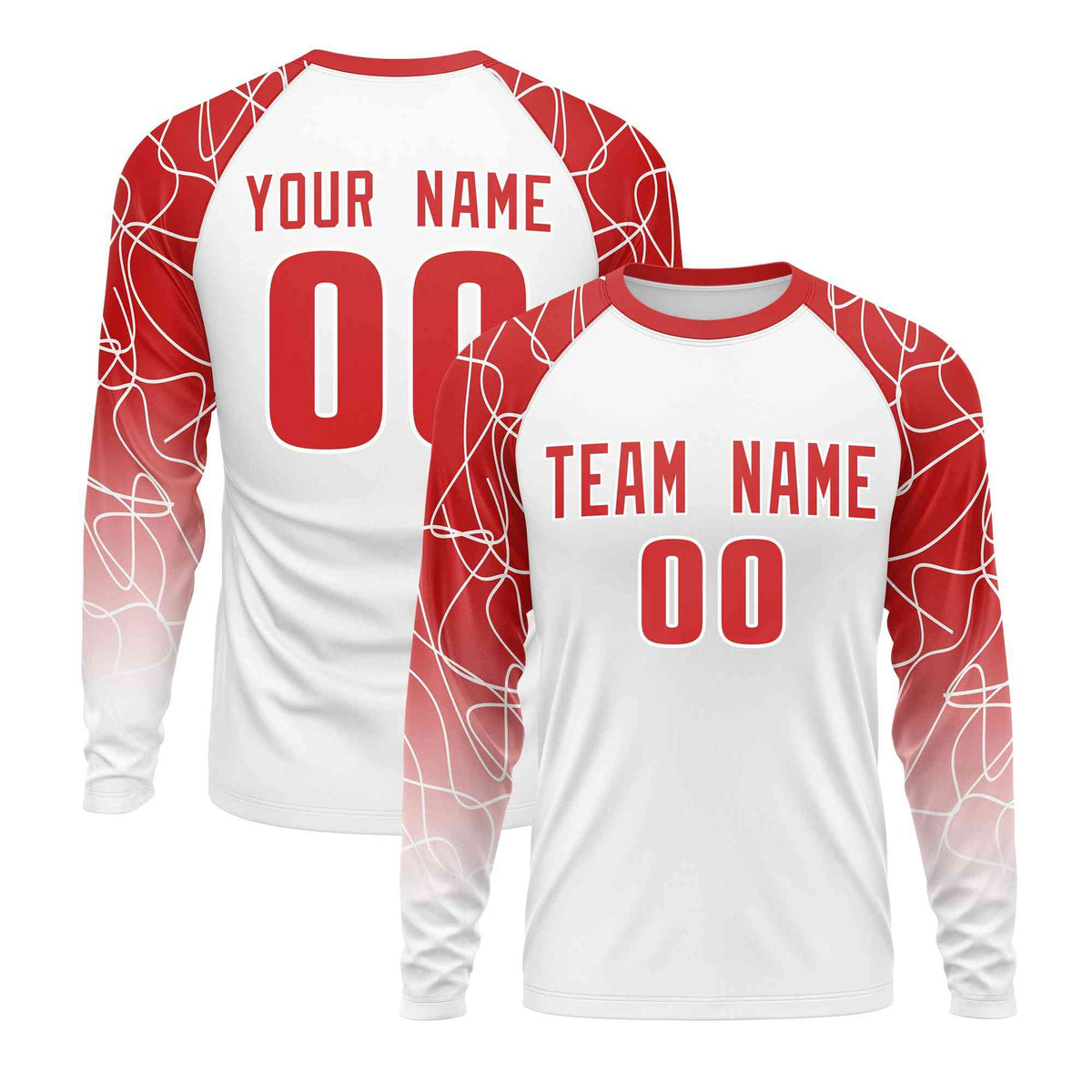 Custom White Red Tangled Lines Pattern Raglan Long Sleeve Performance T-Shirt| KXKSHOP