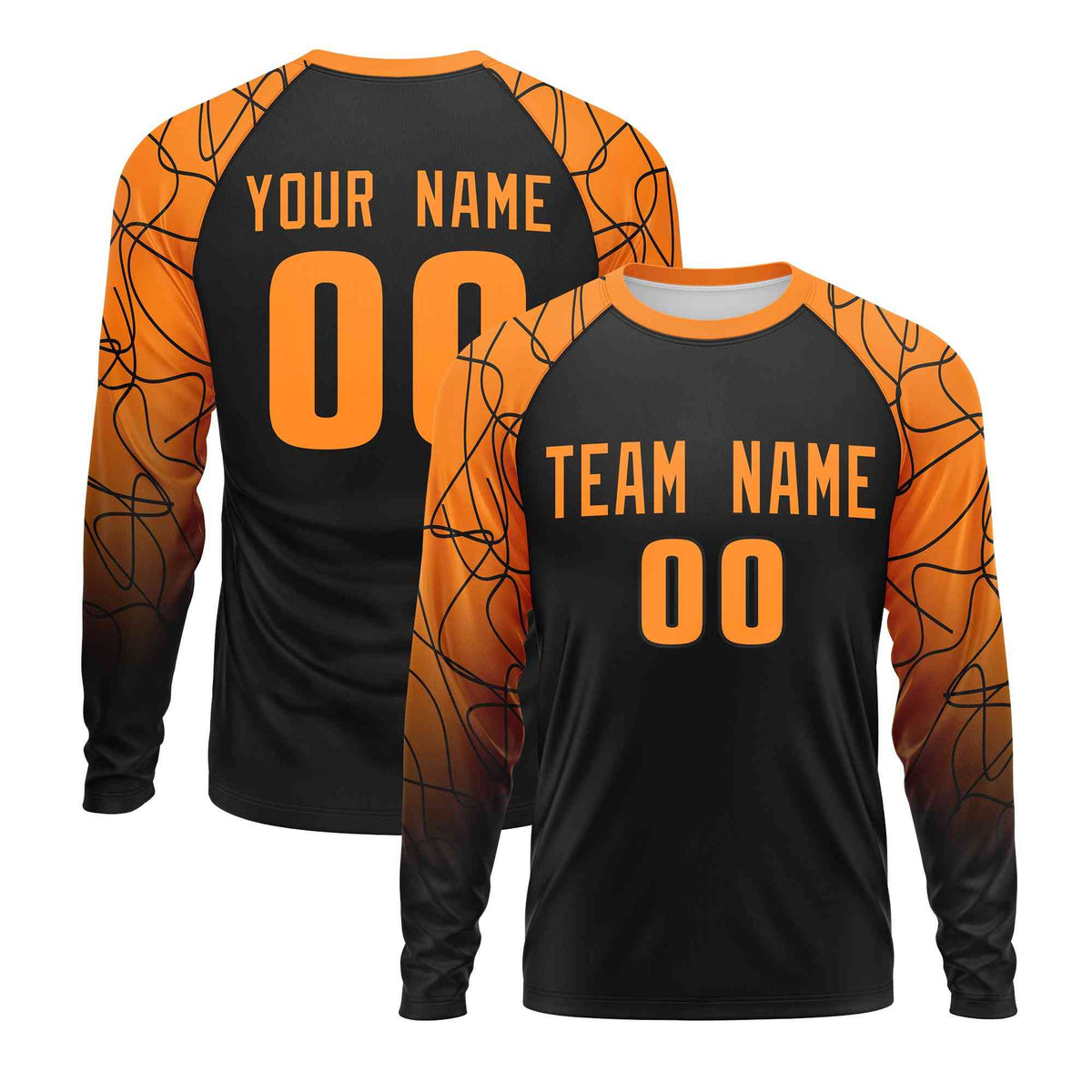 Custom Black Orange Tangled Lines Pattern Raglan Long Sleeve Performance T-Shirt| KXKSHOP