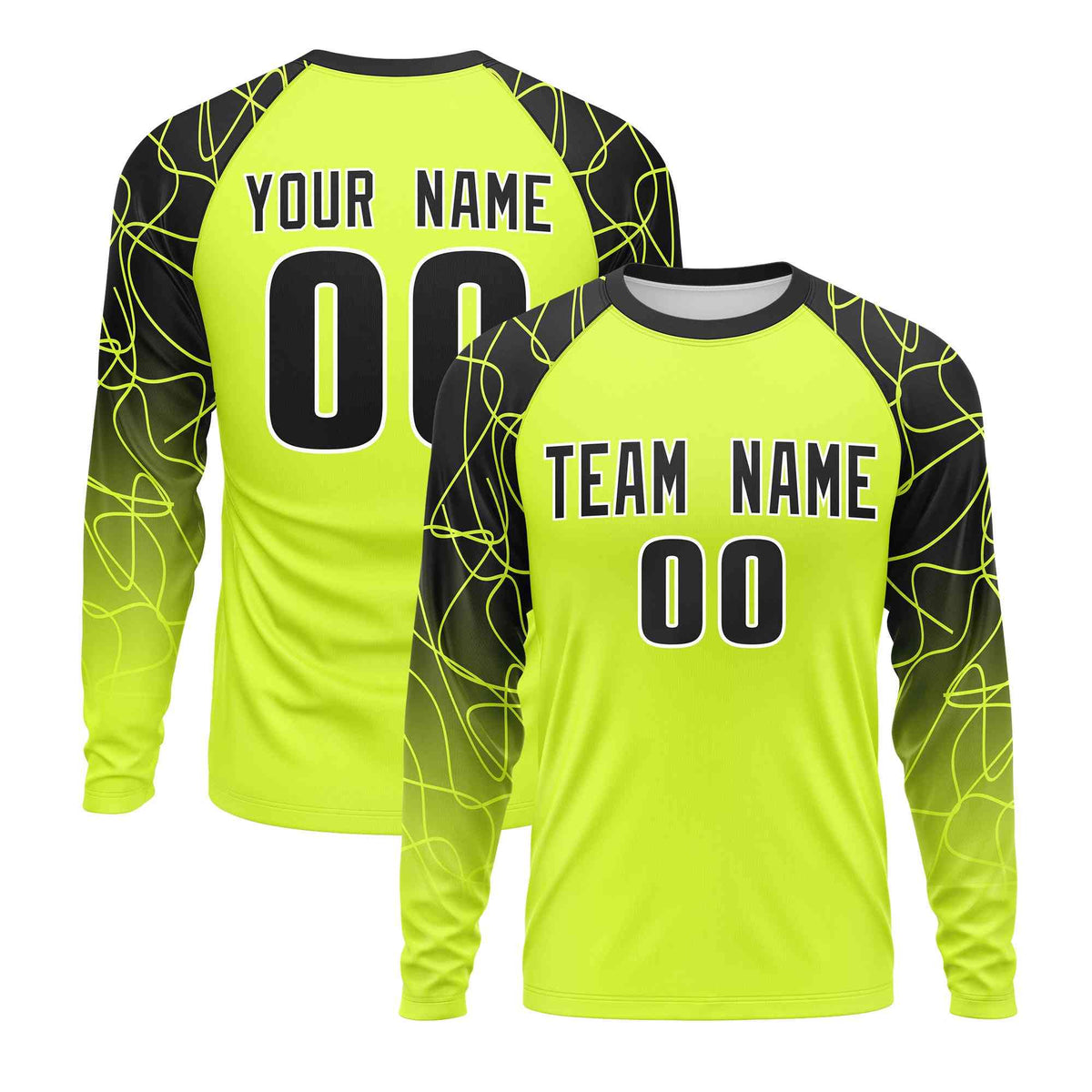 Custom Fluorescent Green Black Tangled Lines Pattern Raglan Long Sleeve Performance T-Shirt| KXKSHOP