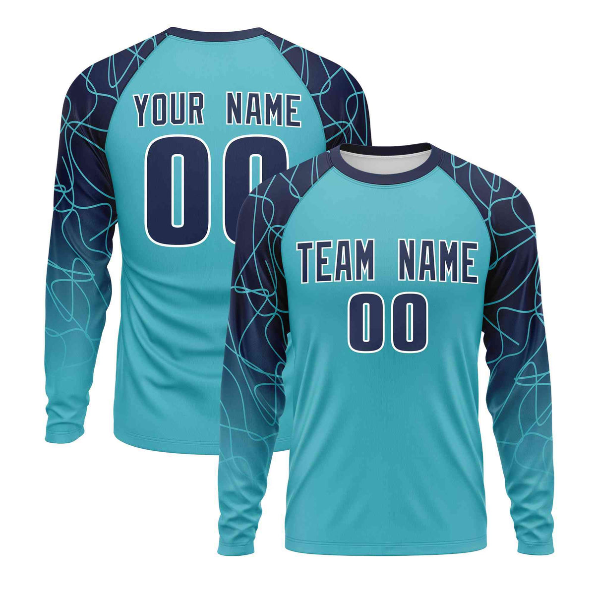 Custom Sky Blue Navy Tangled Lines Pattern Raglan Long Sleeve Performance T-Shirt| KXKSHOP