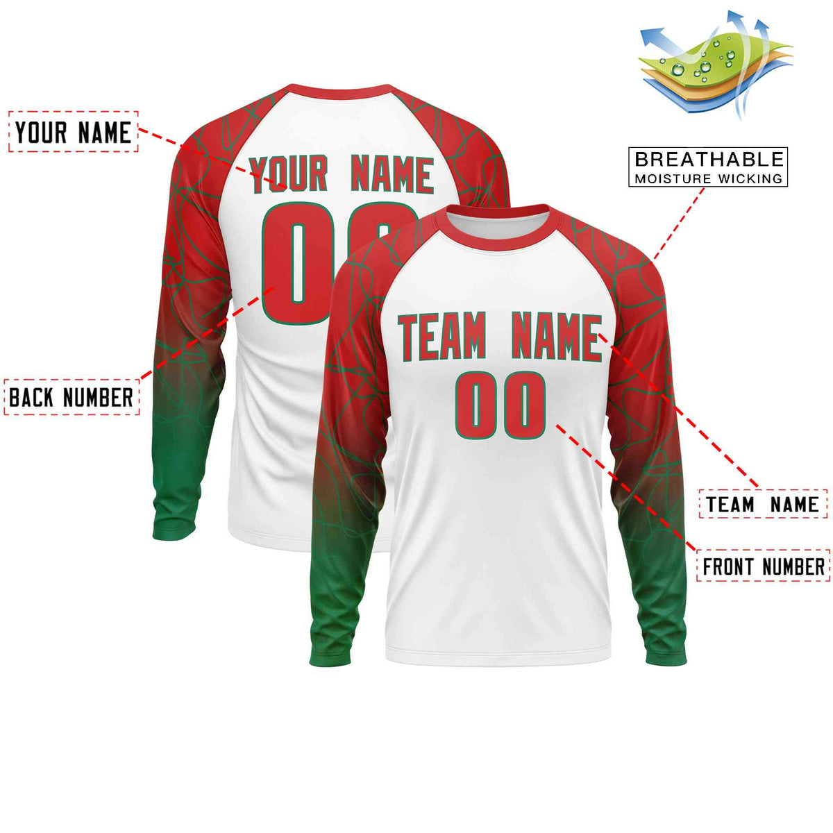 Custom White Red Tangled Lines Pattern Raglan Long Sleeve Performance T-Shirt| KXKSHOP