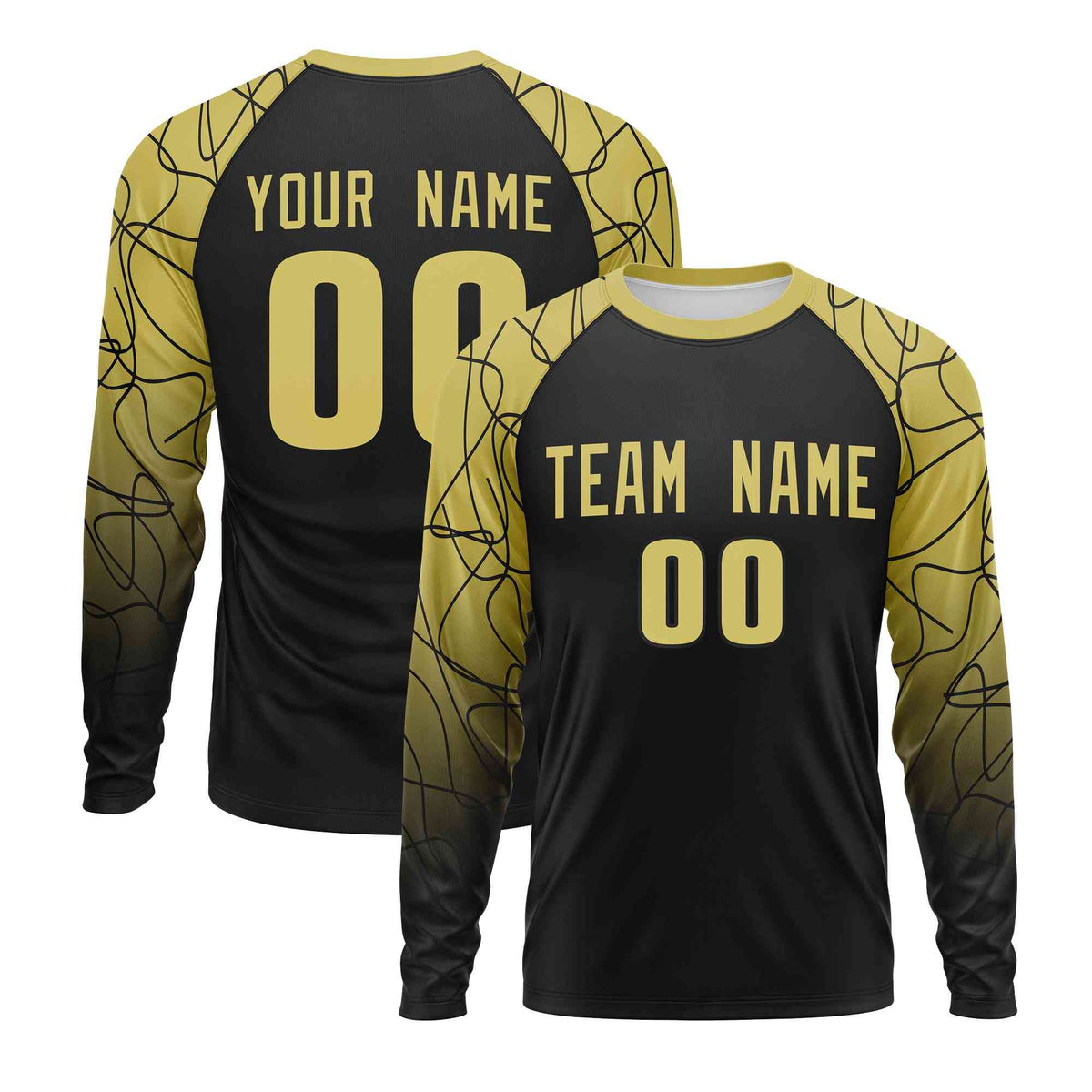 Custom Black Old Gold Tangled Lines Pattern Raglan Long Sleeve Performance T-Shirt| KXKSHOP
