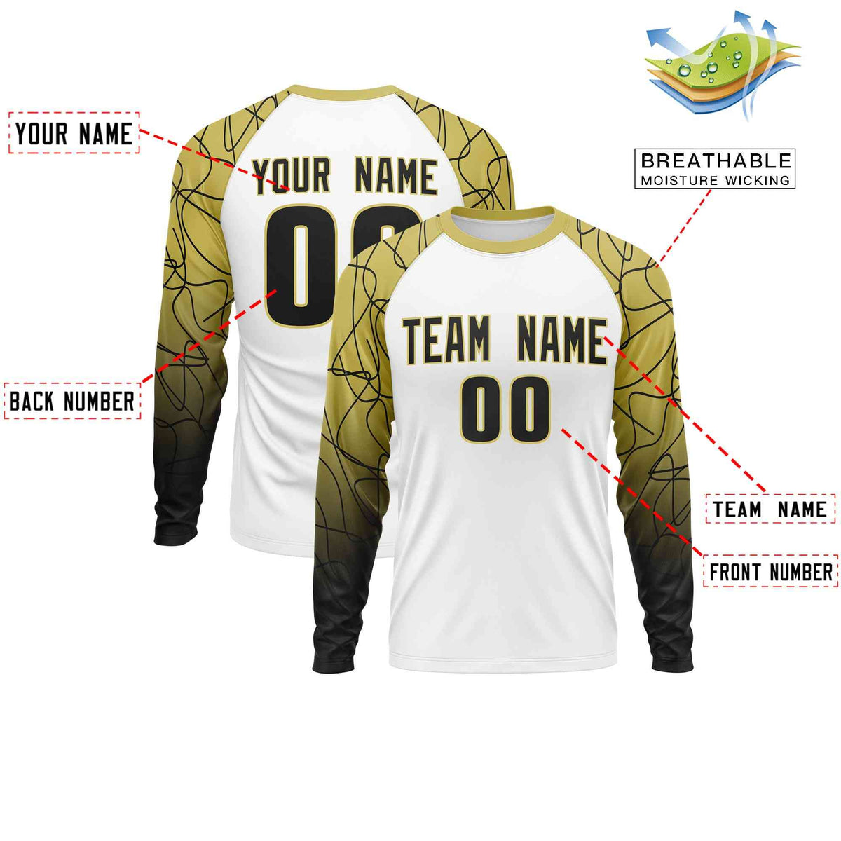 Custom White Old Gold Tangled Lines Pattern Raglan Long Sleeve Performance T-Shirt| KXKSHOP