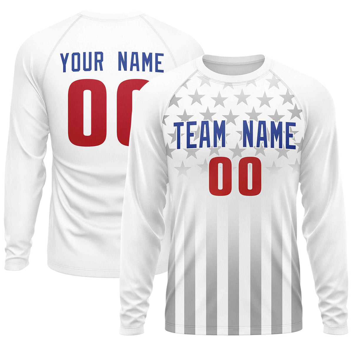 Custom White Royal-Red Personalized American Flag Design Long Sleeve Performance T-shirt | KXKSHOP