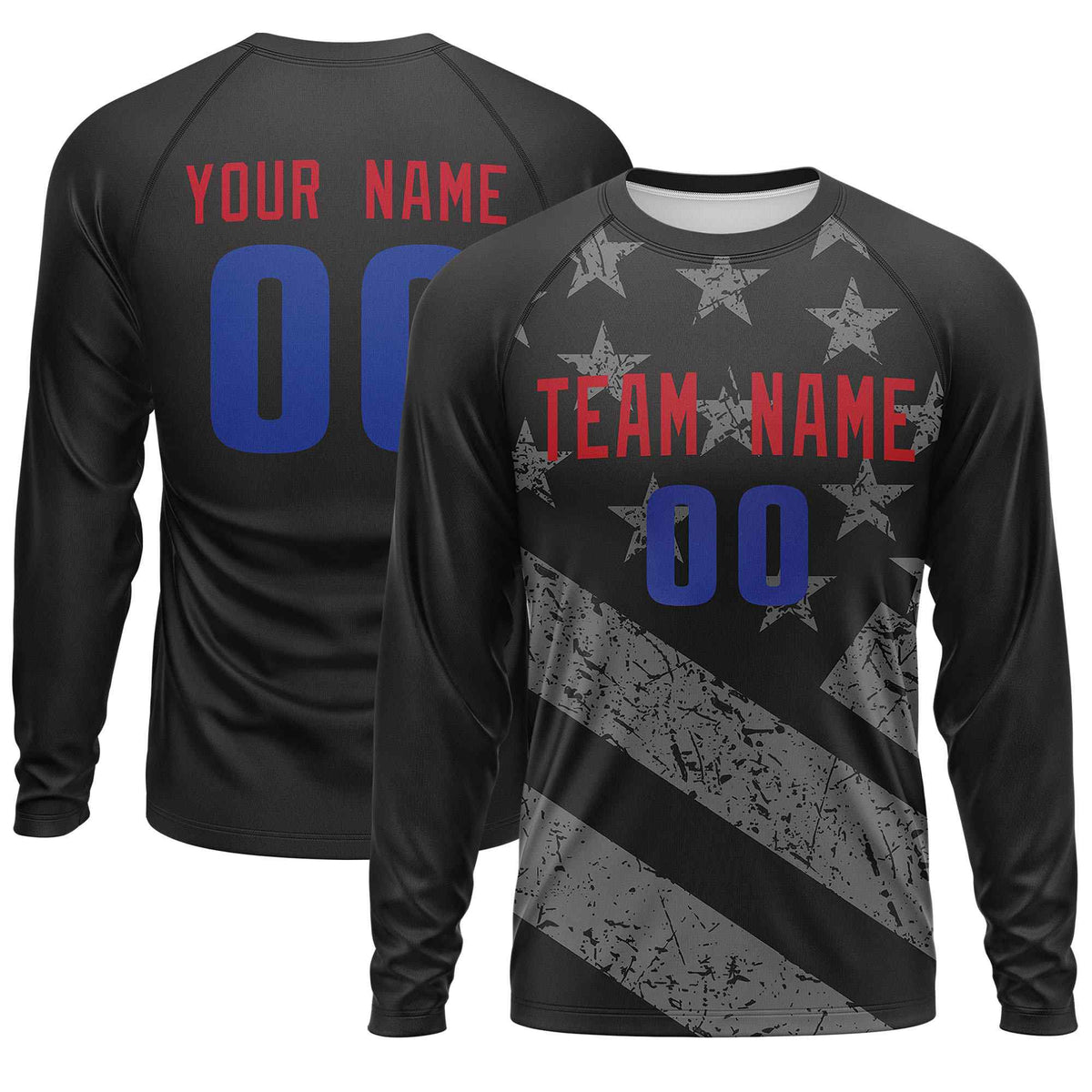 Custom Black Red-Royal Personalized American Flag Design Long Sleeve Performance T-shirt | KXKSHOP