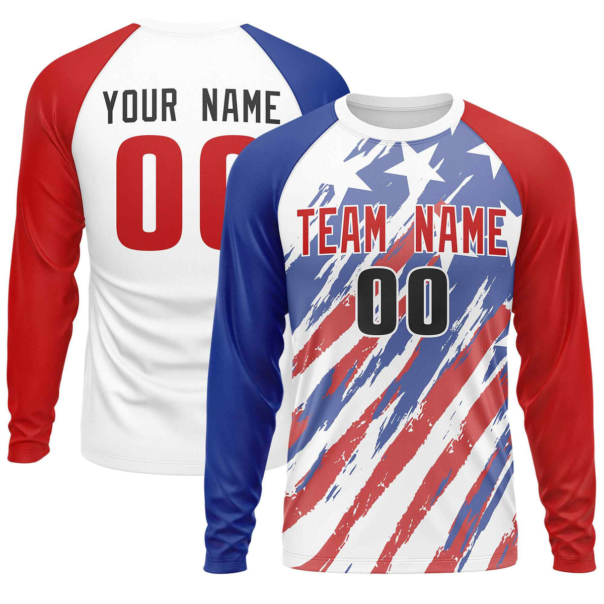 Custom White Royal-Red Personalized American Flag Design Long Sleeve Performance T-shirt | KXKSHOP