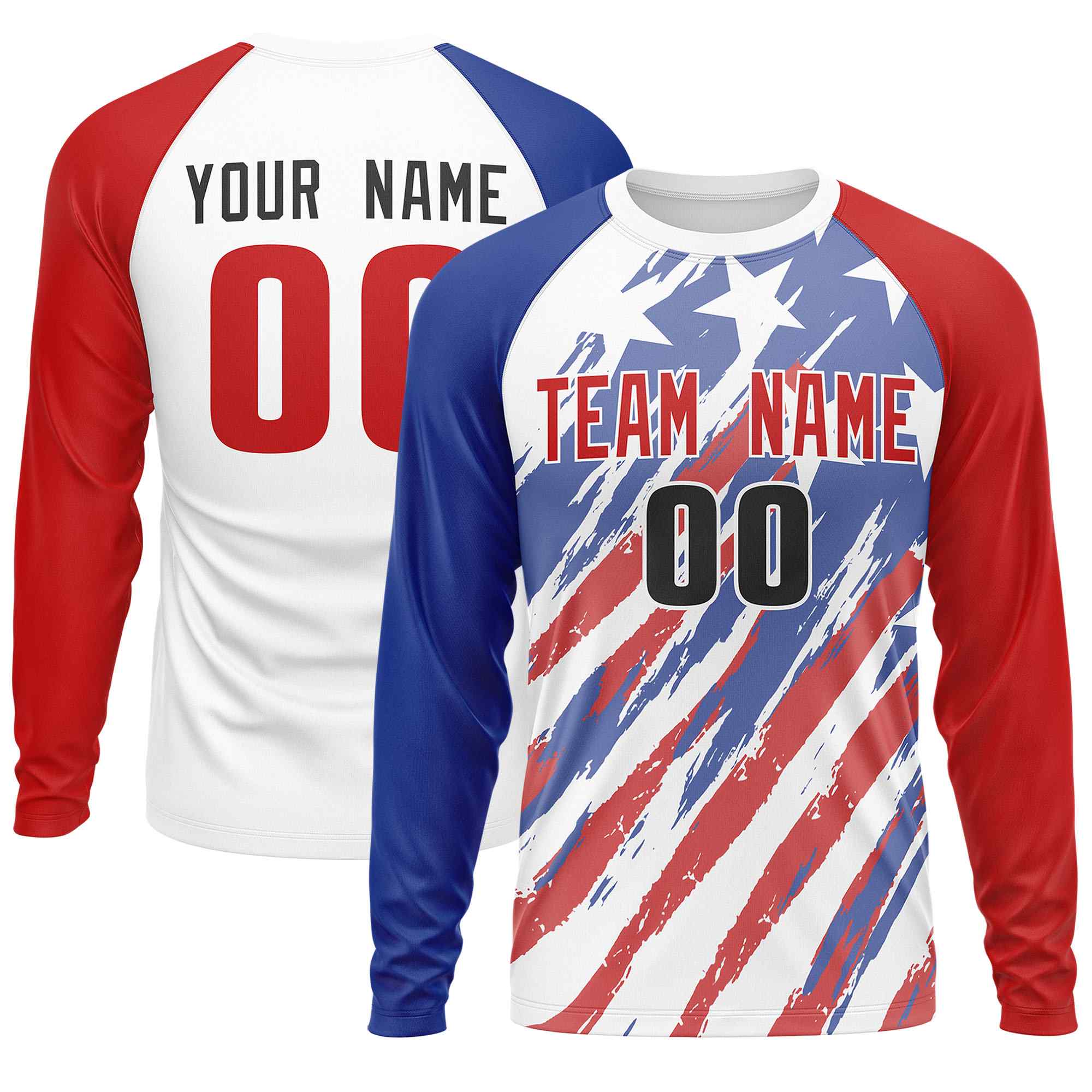 Custom White Royal-Red Personalized American Flag Design Long Sleeve Performance T-shirt | KXKSHOP