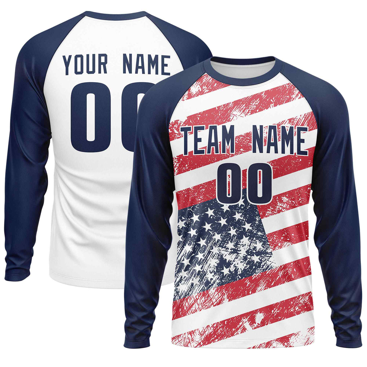 Custom White Navy-Red Personalized American Flag Design Long Sleeve Performance T-shirt | KXKSHOP