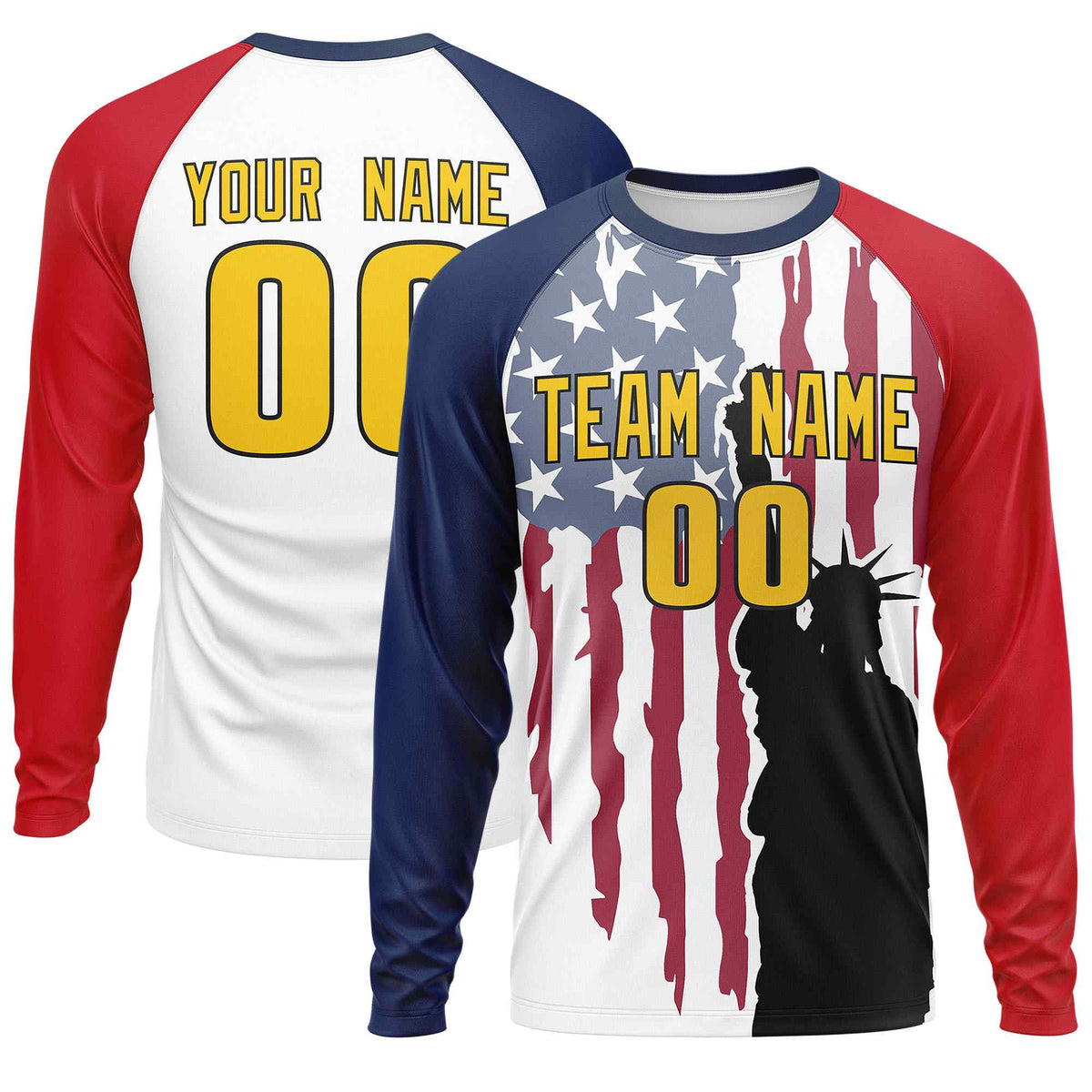 Custom White Navy-Red Personalized American Flag Design Long Sleeve Performance T-shirt | KXKSHOP