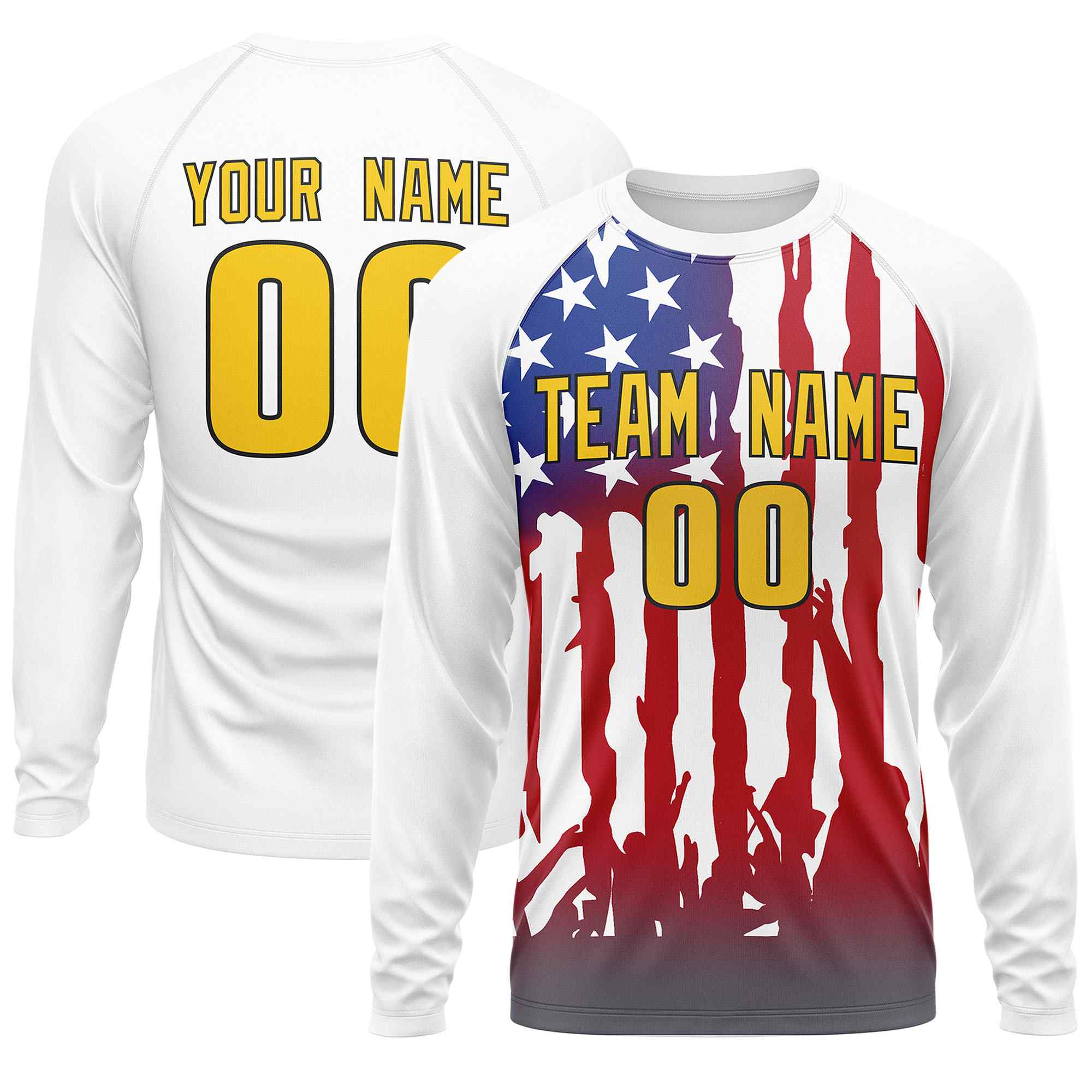 Custom White Red Personalized American Flag Design Long Sleeve Performance T-shirt | KXKSHOP