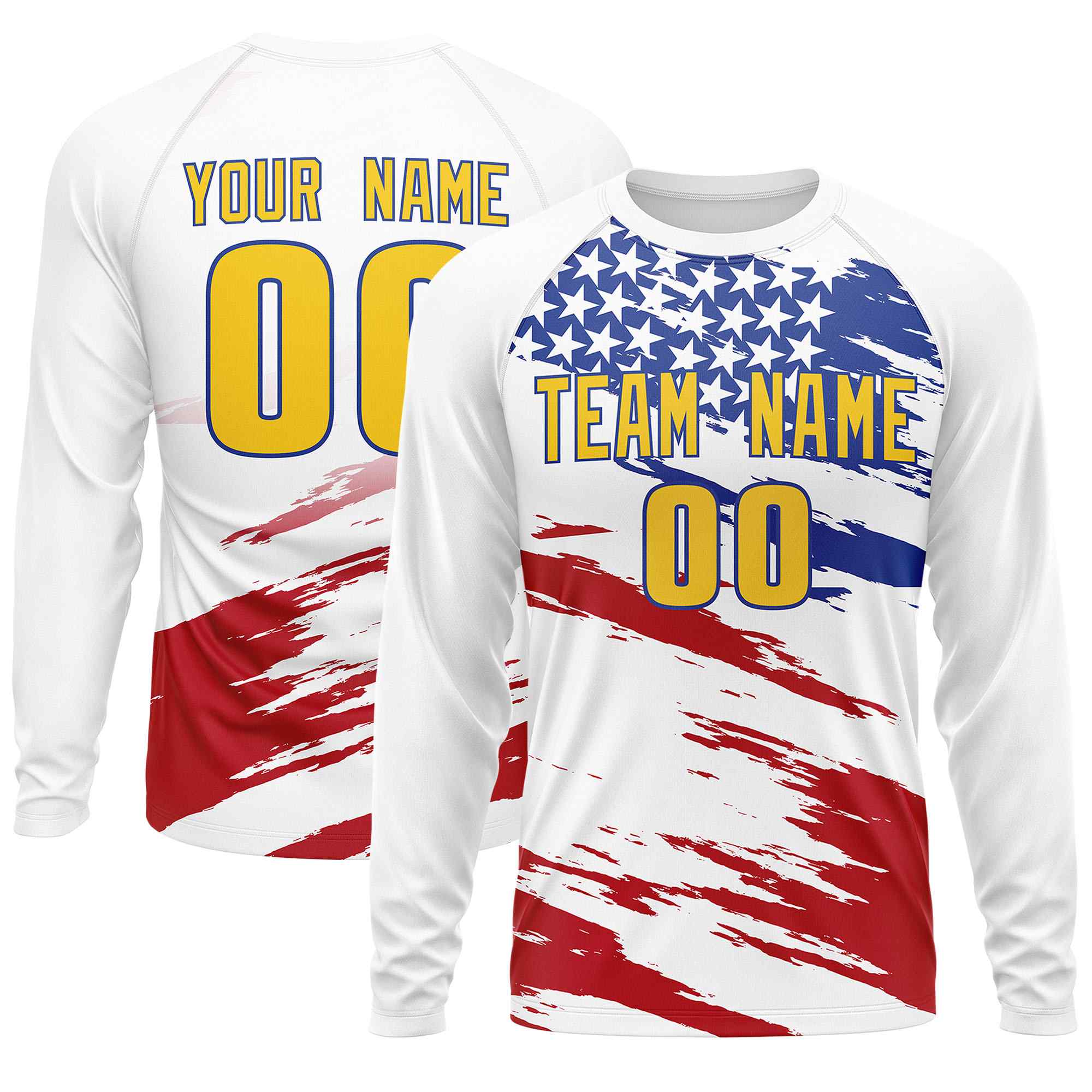 Custom White Red-Royal Personalized American Flag Design Long Sleeve Performance T-shirt | KXKSHOP