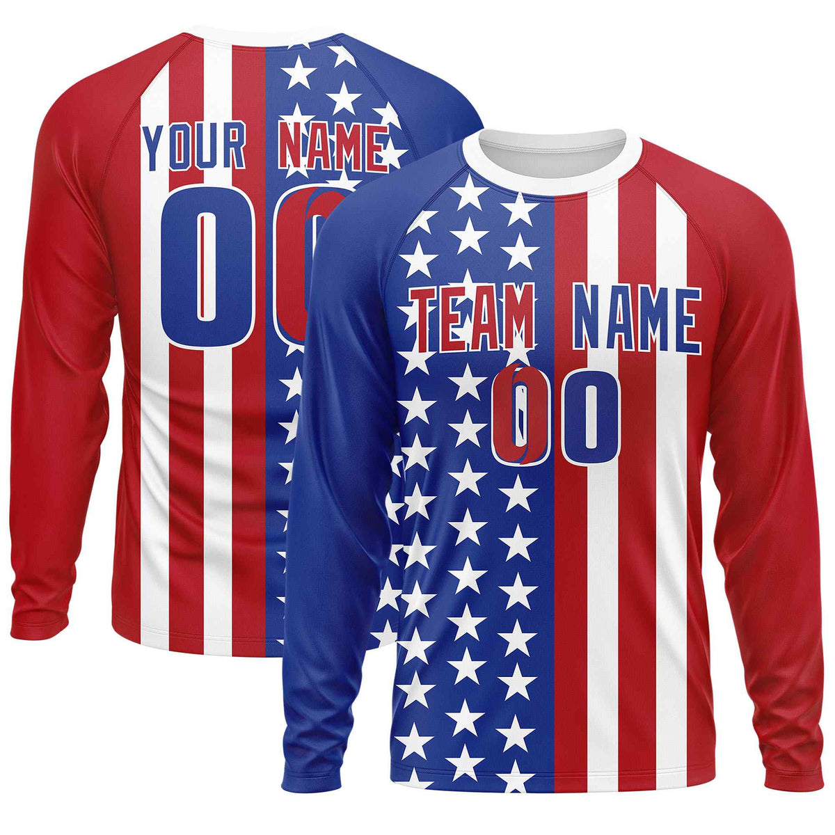 Custom Royal Red Personalized American Flag Design Long Sleeve Performance T-shirt | KXKSHOP