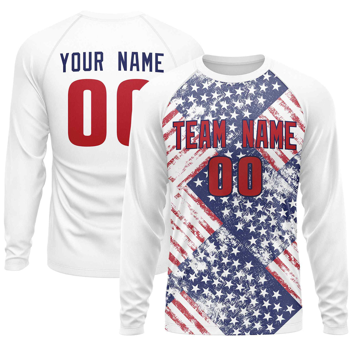 Custom White Royal-Red Personalized American Flag Design Long Sleeve Performance T-shirt | KXKSHOP