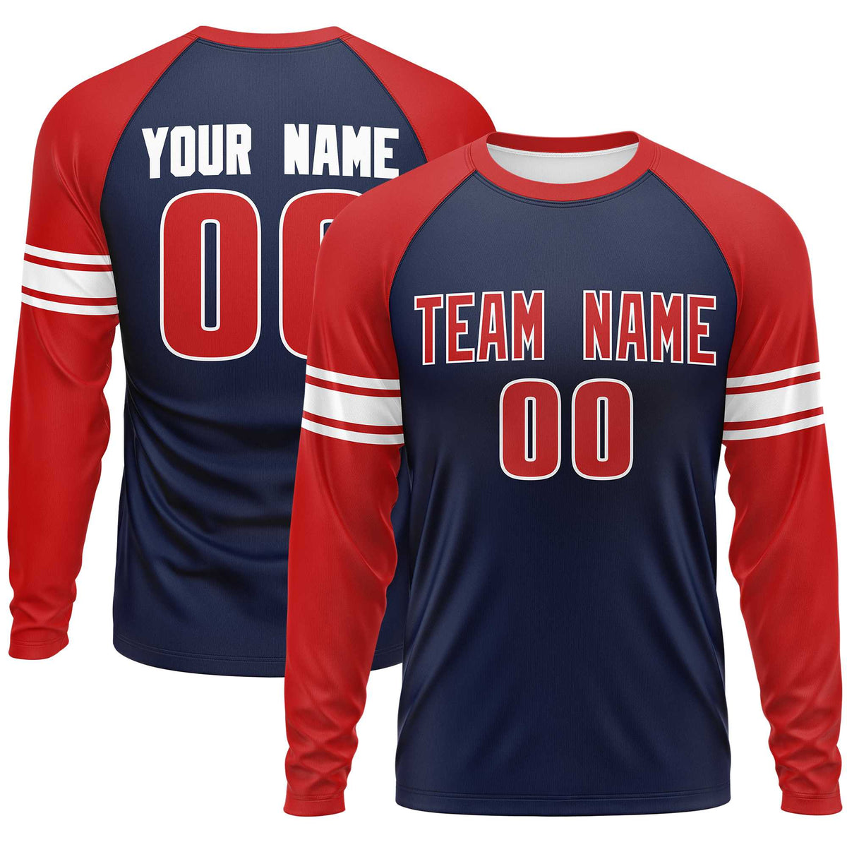 Custom Navy Red White Crew Neck Personalized Raglan Long Sleeve Performance T-shirt | KXKSHOP
