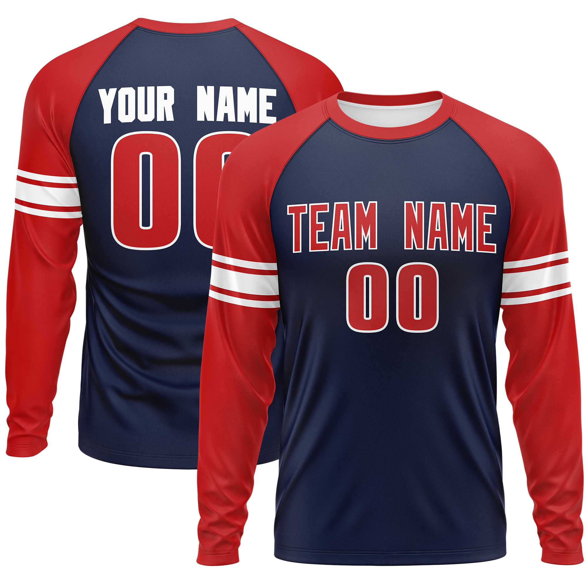 Custom Navy Red White Crew Neck Personalized Raglan Long Sleeve Performance T-shirt | KXKSHOP