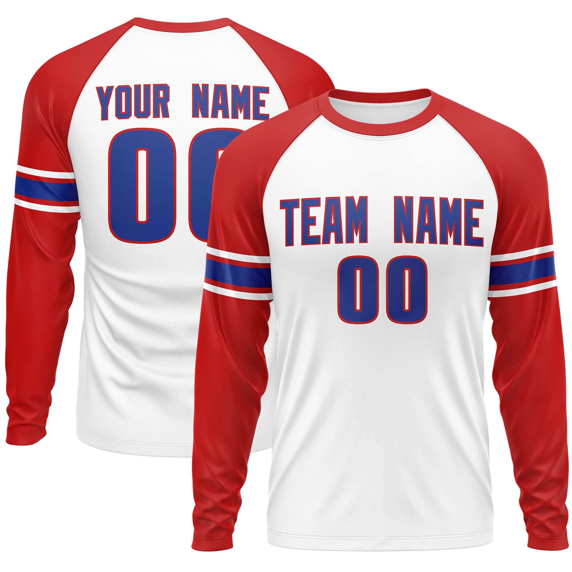 Custom White Red Royal Crew Neck Personalized Raglan Long Sleeve Performance T-shirt | KXKSHOP