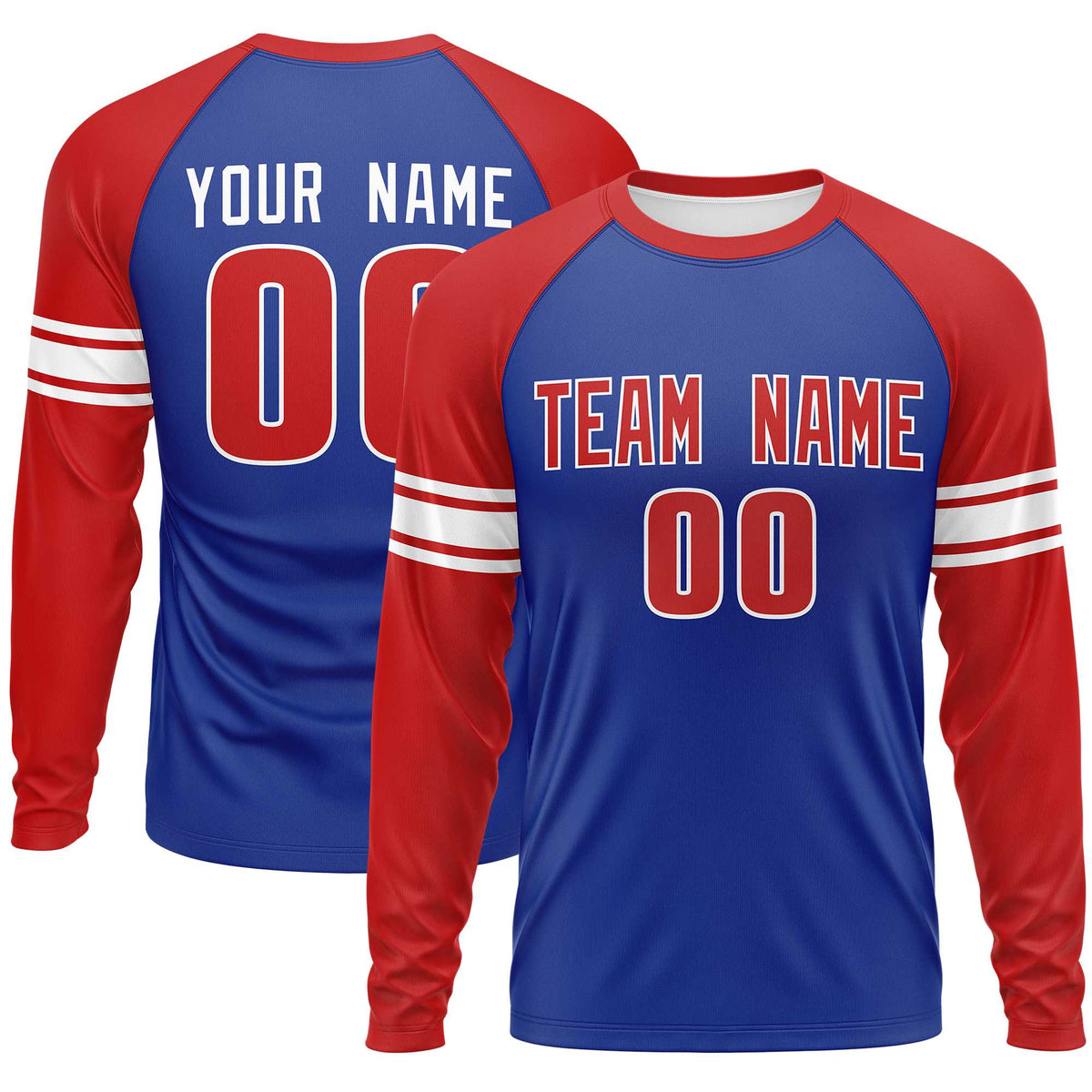 Custom Royal Red White Crew Neck Personalized Raglan Long Sleeve Performance T-shirt | KXKSHOP