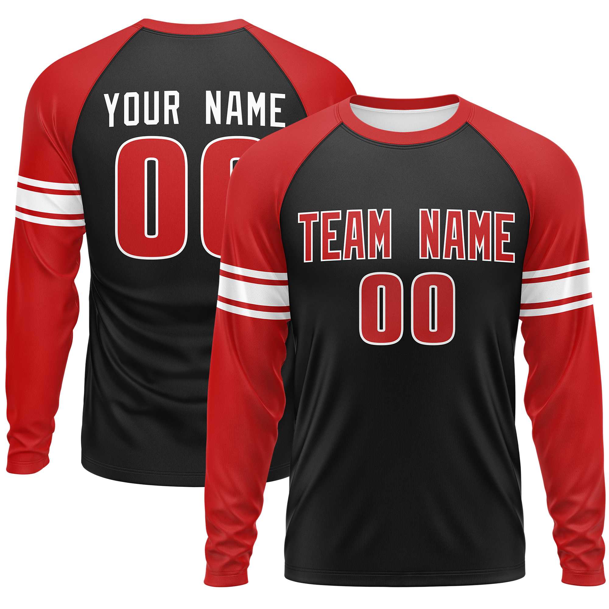 Custom Black Red White Crew Neck Personalized Raglan Long Sleeve Performance T-shirt | KXKSHOP