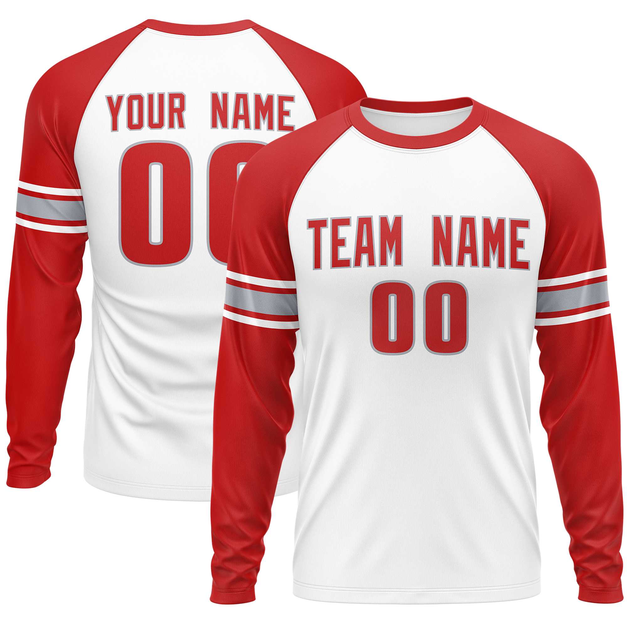 Custom White Red Gray Crew Neck Personalized Raglan Long Sleeve Performance T-shirt | KXKSHOP