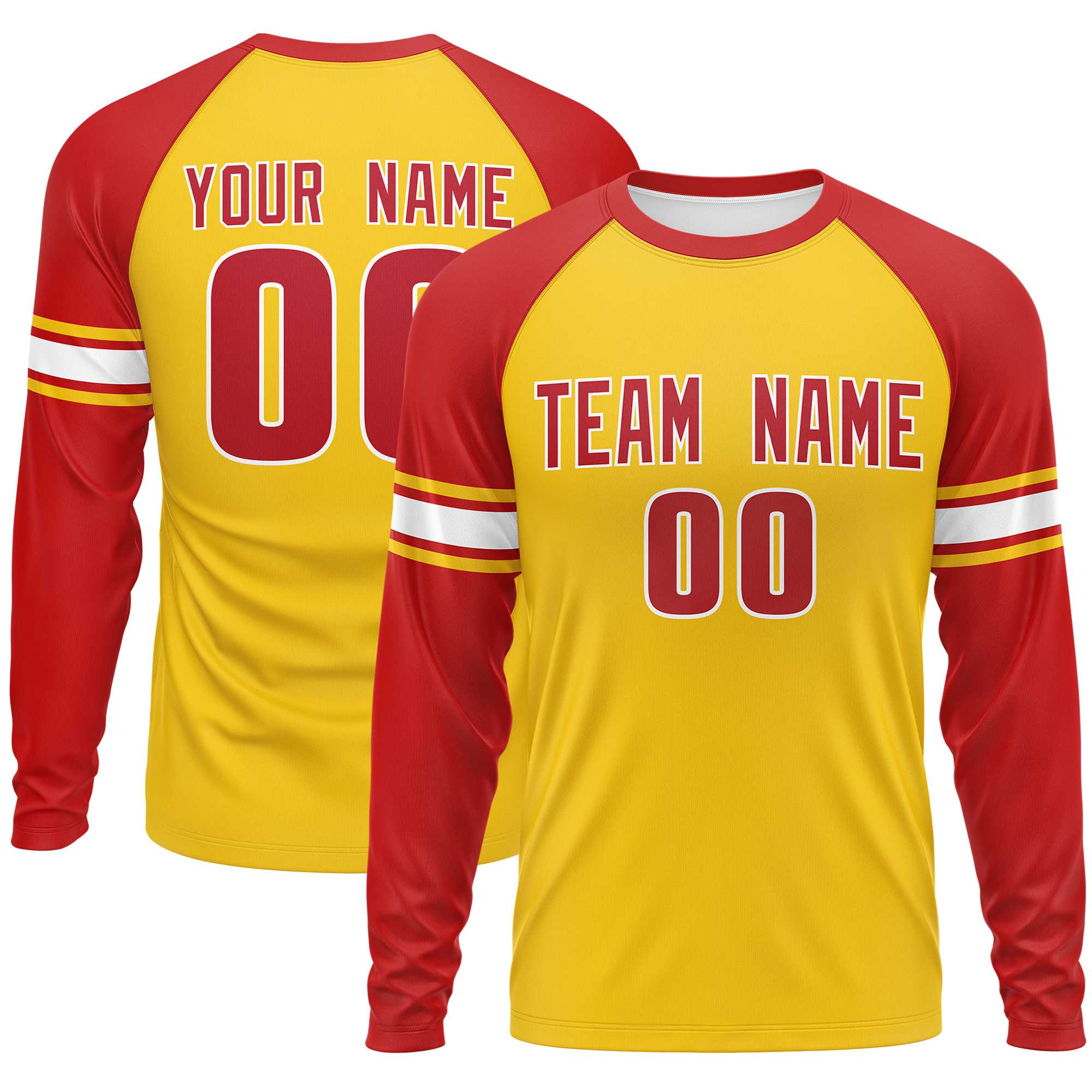 Custom Gold Red White Crew Neck Personalized Raglan Long Sleeve Performance T-shirt | KXKSHOP