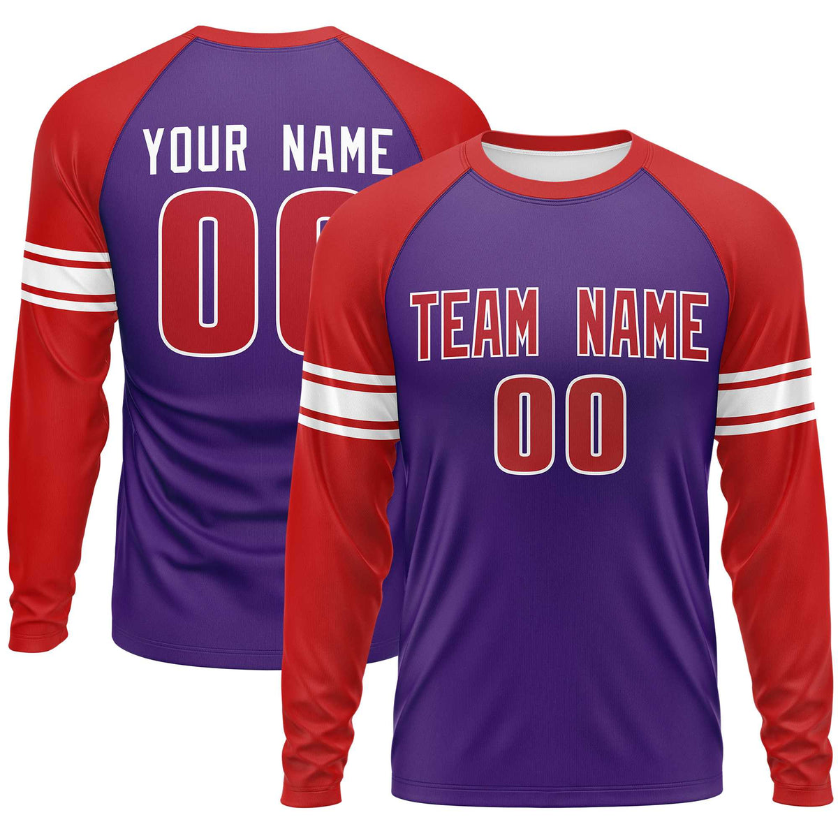 Custom Purple Red White Crew Neck Personalized Raglan Long Sleeve Performance T-shirt | KXKSHOP