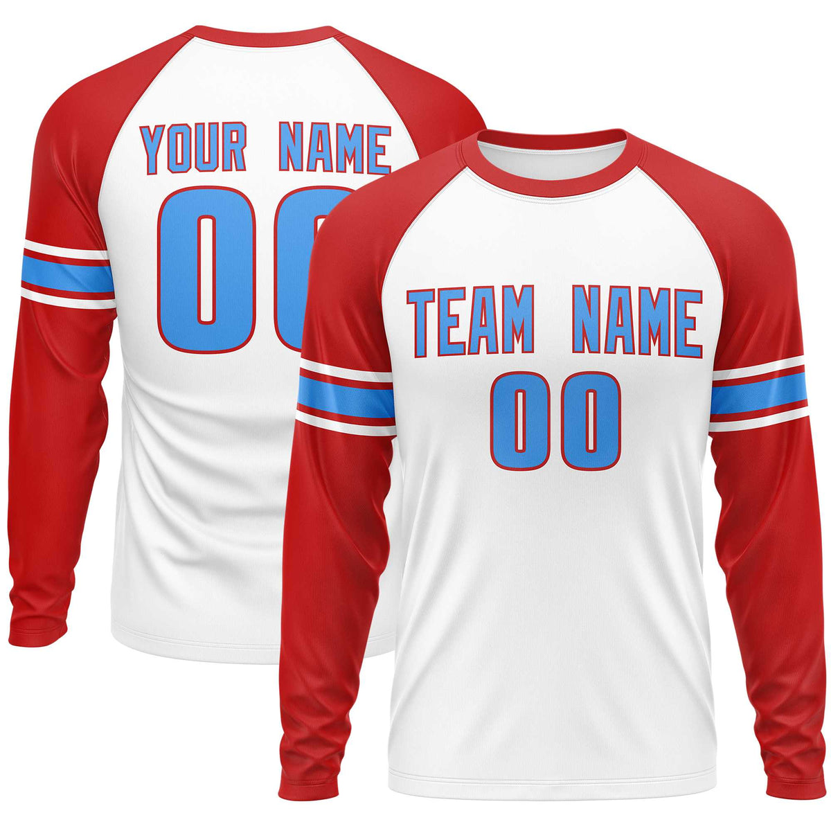Custom White Red Powder Blue Crew Neck Personalized Raglan Long Sleeve Performance T-shirt | KXKSHOP